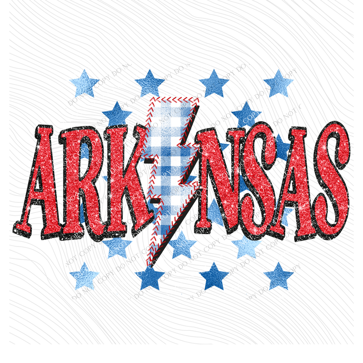 Arkansas Glitter with Foil Stars & Gingham Stitched Bolt in Red, White & Blue Patriotic Digital Design, PNG