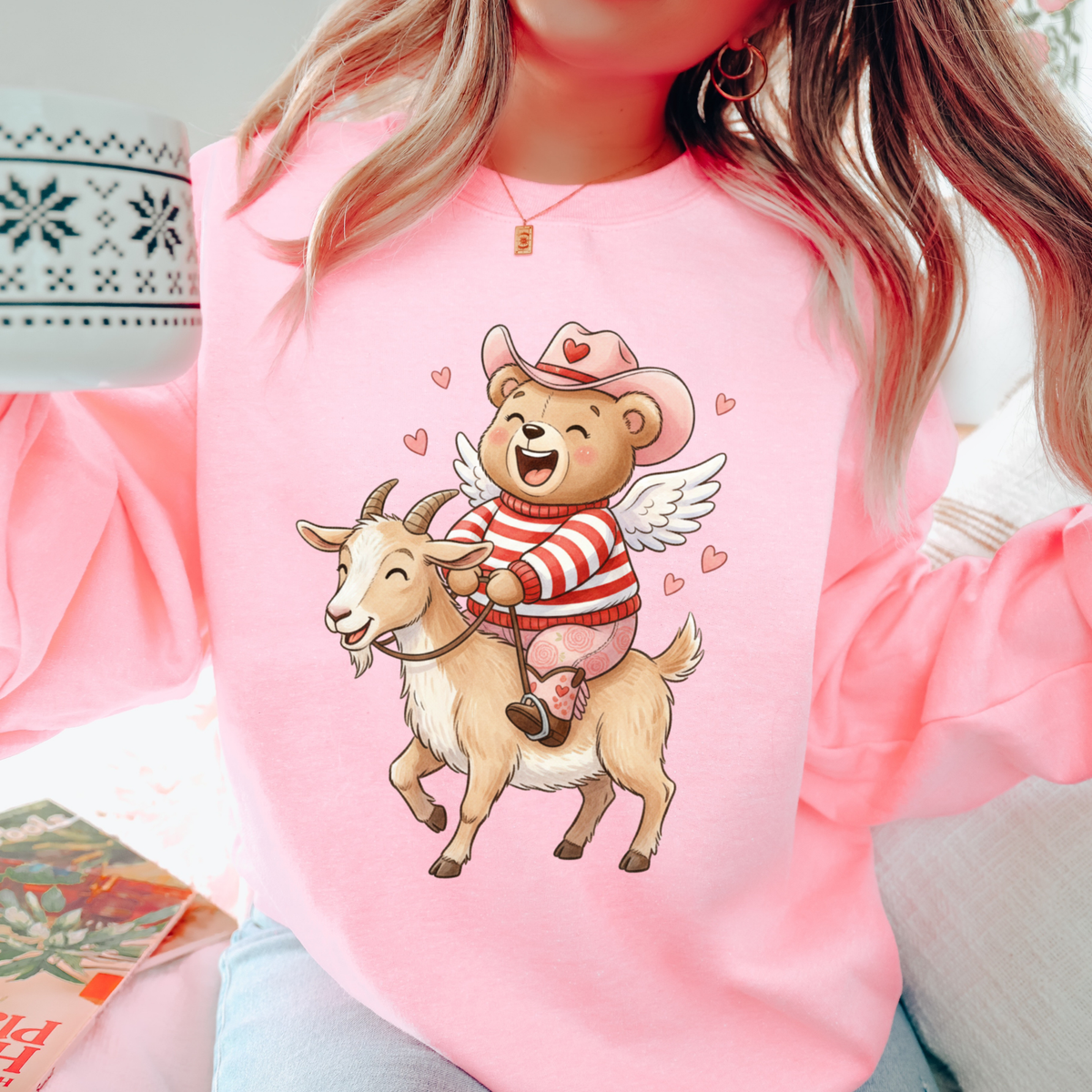 Goat & Cowgirl Whimsy Bear Valentine’s Sketch Digital Design, PNG