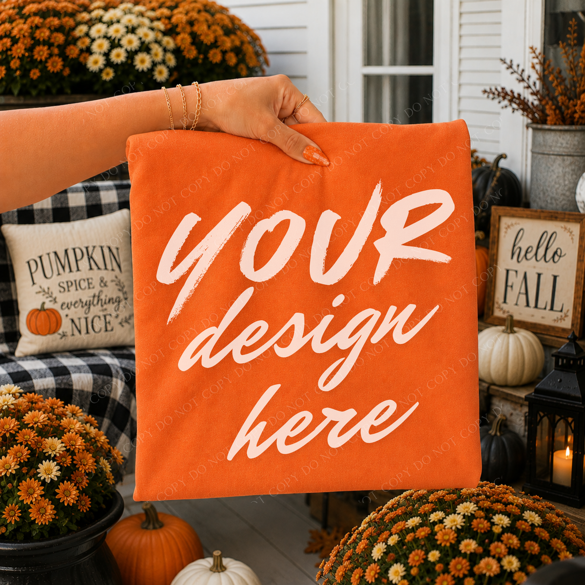 Fall Mums Porch Blank Sweatshirt Mockup, Gildan 18000 Orange