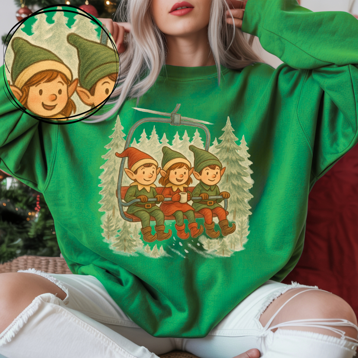 Elves on Ski Lift Sketch Digital Download, PNG