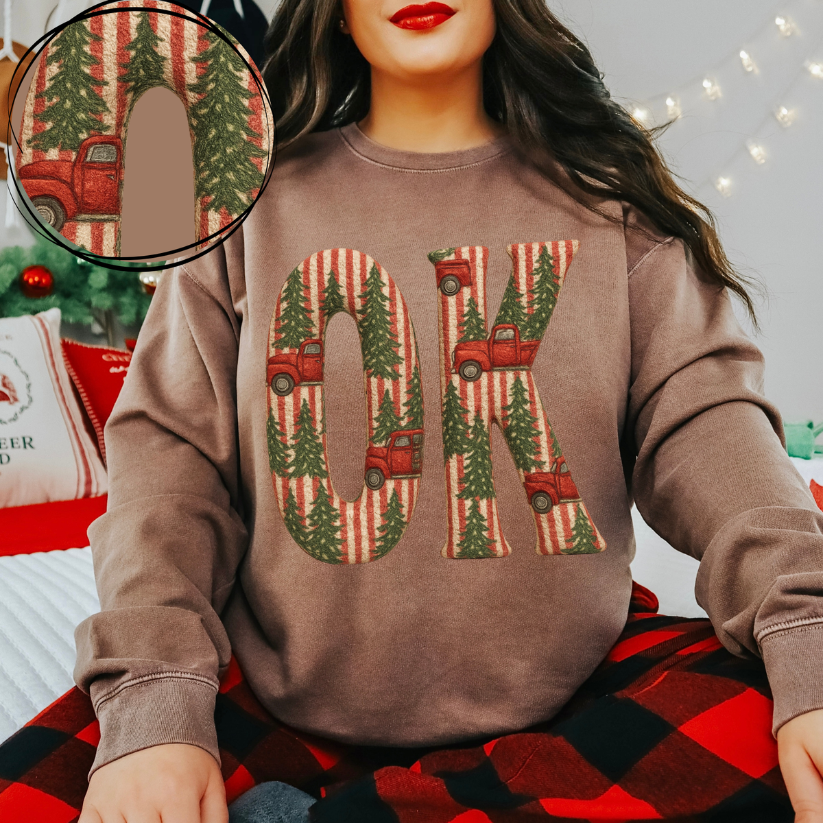 OK Oklahoma Striped Christmas Red Truck 3D Texture Fabric Style Digital Download, PNG