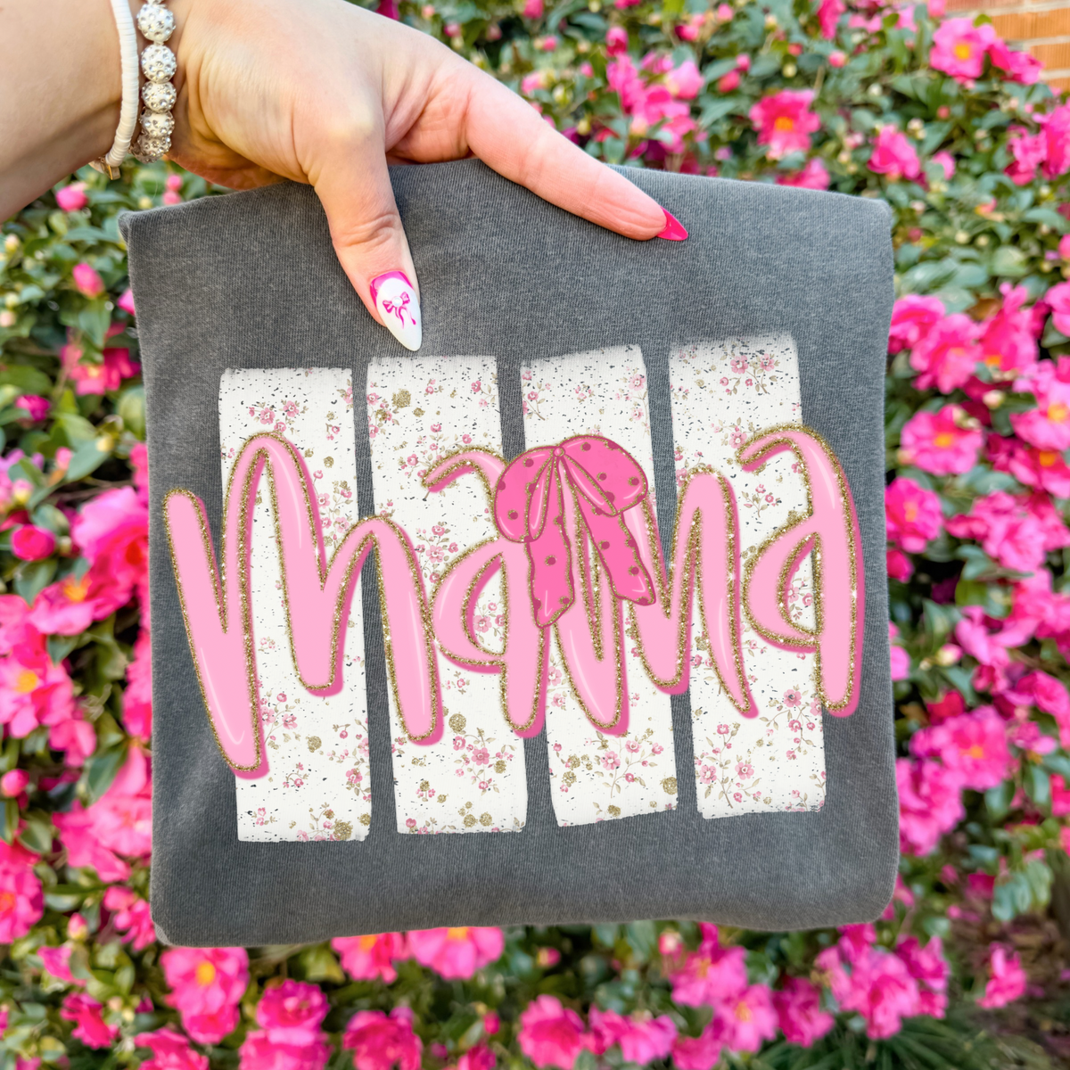 Mama Floral Distressed Stripes, Glitter & Bow Coquette Digital Design, PNG