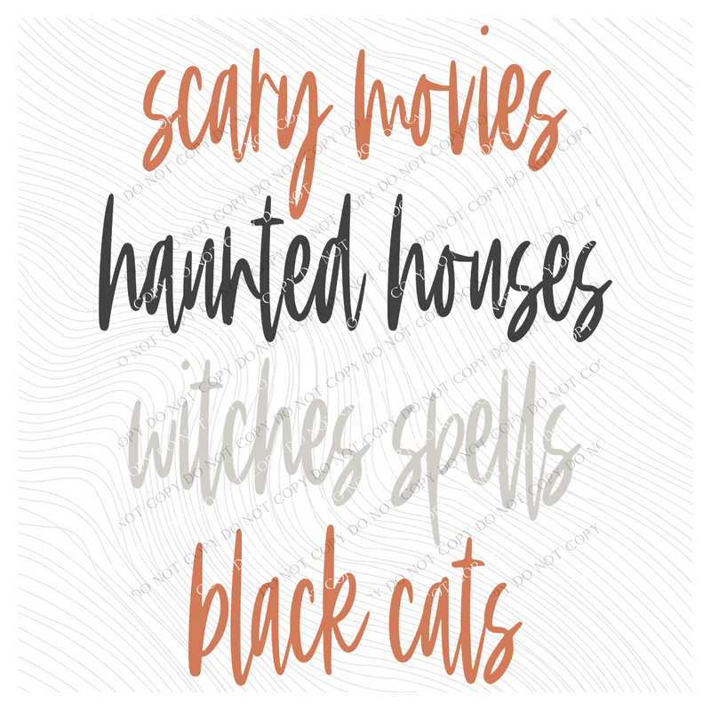 Scary Movies, Haunted Houses, Witches Spells, Black Cats Script in Spooky Tones Digital Download, PNG