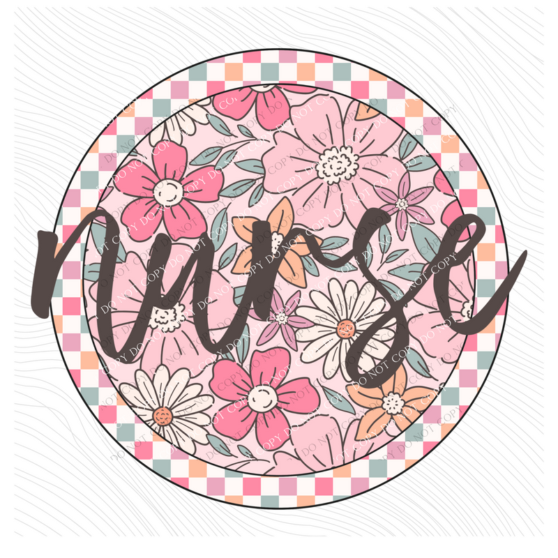 Nurse Checkered Floral Script Circle in Summery Colors Digital Design, PNG