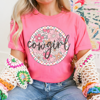 Cowgirl Checkered Floral Script Circle in Summery Colors Digital Design, PNG