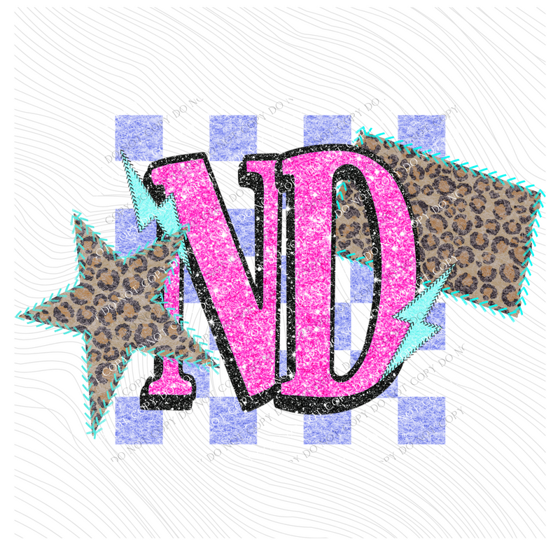 North Dakota Leopard Checkered Glitter Star & Stitched Bolt & State in Bright Summer Colors Digital Design, PNG