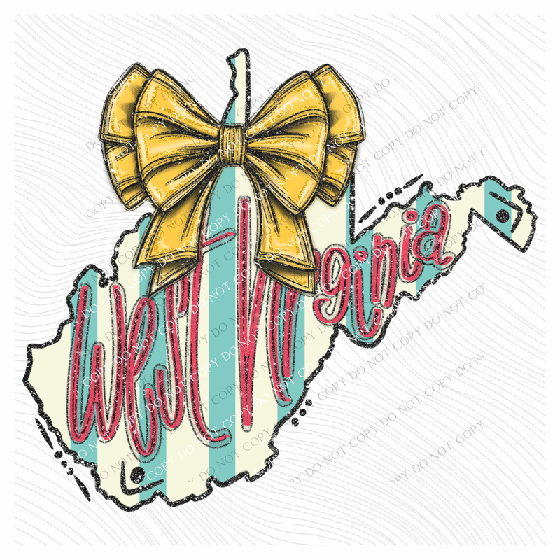 West Virginia Glitter Bow & Stripes Coquette Digital Design, PNG