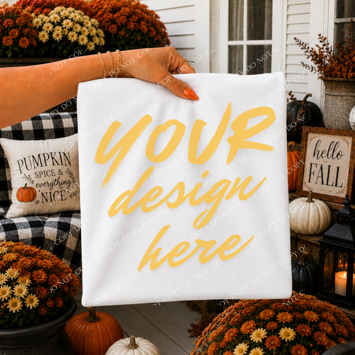 Fall Mums Porch Blank Sweatshirt Mockup, Gildan 18000 White