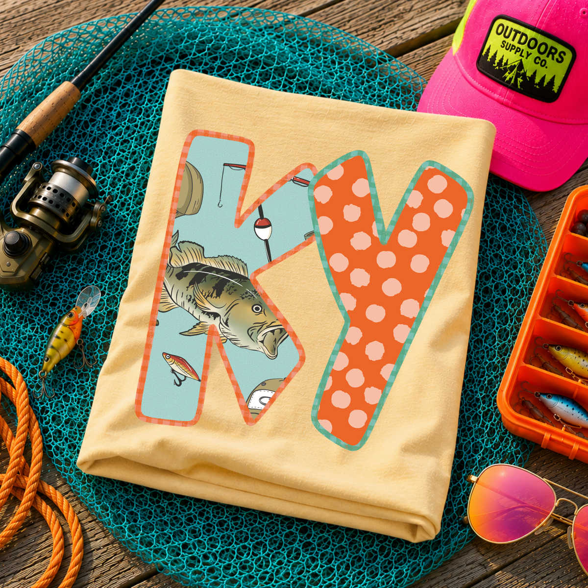 KY Kentucky Bass Fishing Polka Dot Gingham Outline Digital Design, PNG