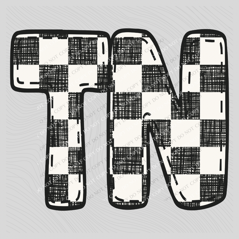 TN Tennessee Bubble Stitch Distressed Checkers Black White Digital Design, PNG