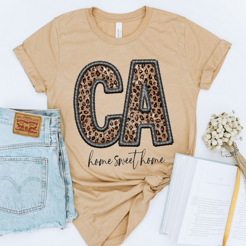 CA California Faux Embroidery Leopard Sequin with separate Home Sweet Home Script in Black,  Digital Design, PNG