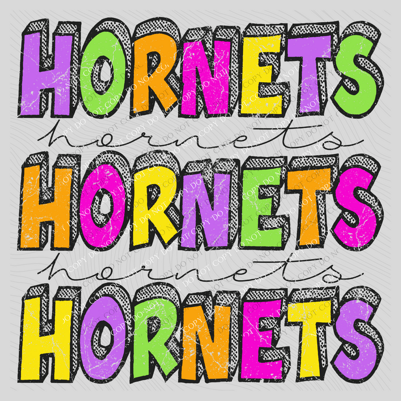 Hornets Bubble Dot Stacked Script Distressed in Neons Digital Design, PNG
