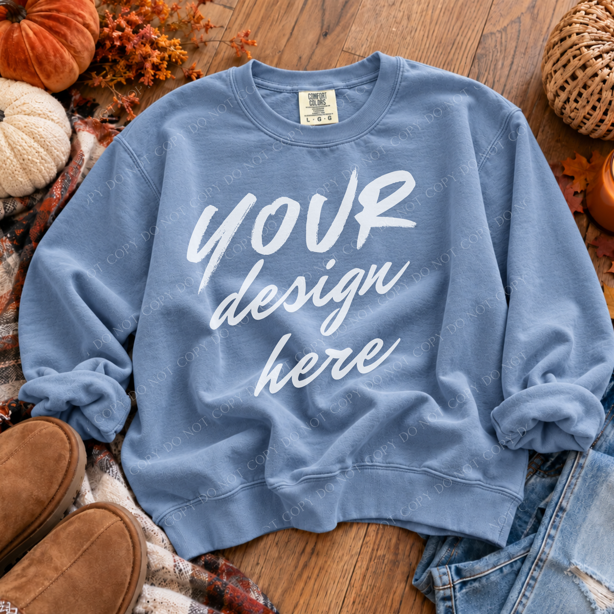 Fall Sweatshirt Flatlay Mockup, Comfort Colors 1717 Blue Jean