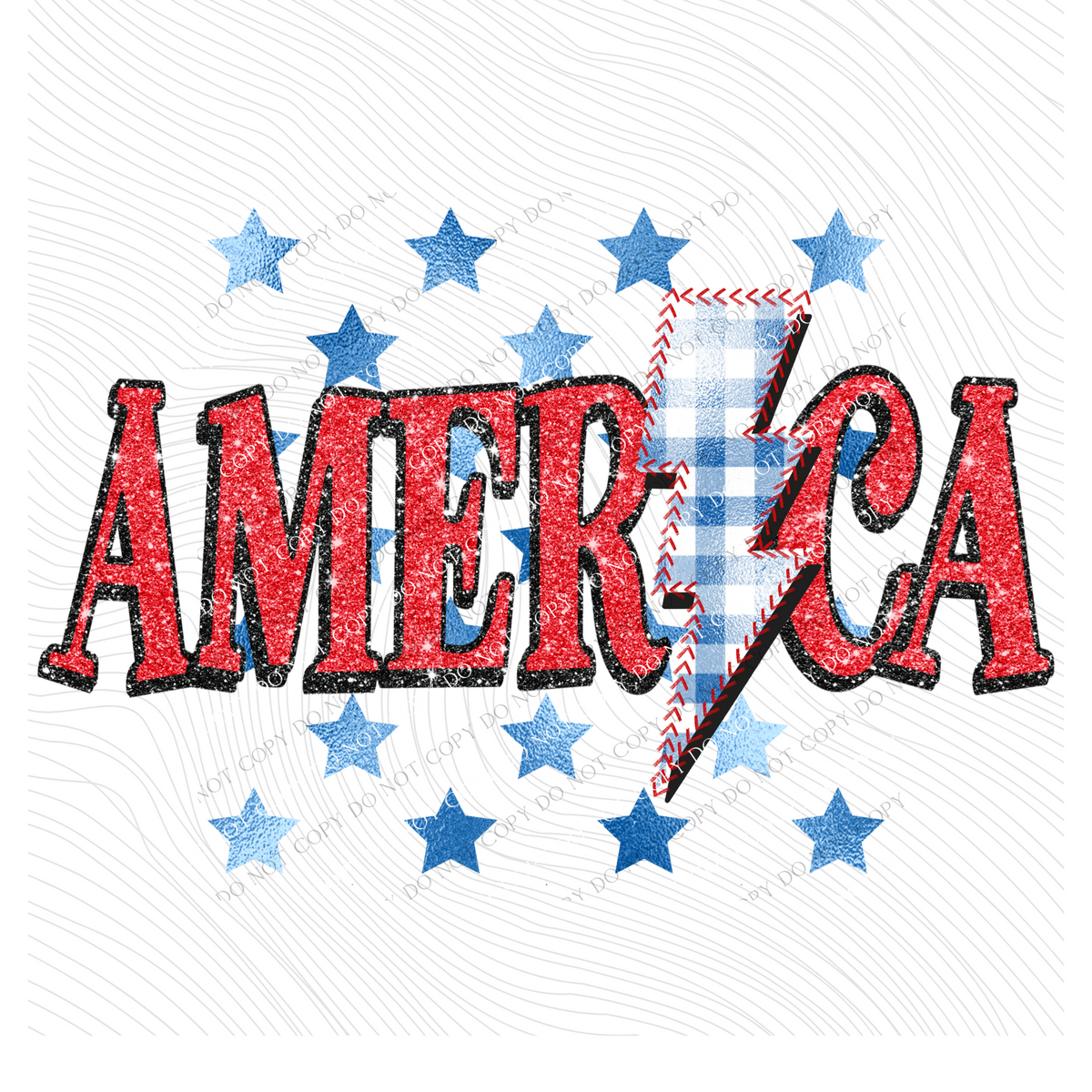 America Glitter with Foil Stars & Gingham Stitched Bolt in Red, White & Blue Patriotic Digital Design, PNG
