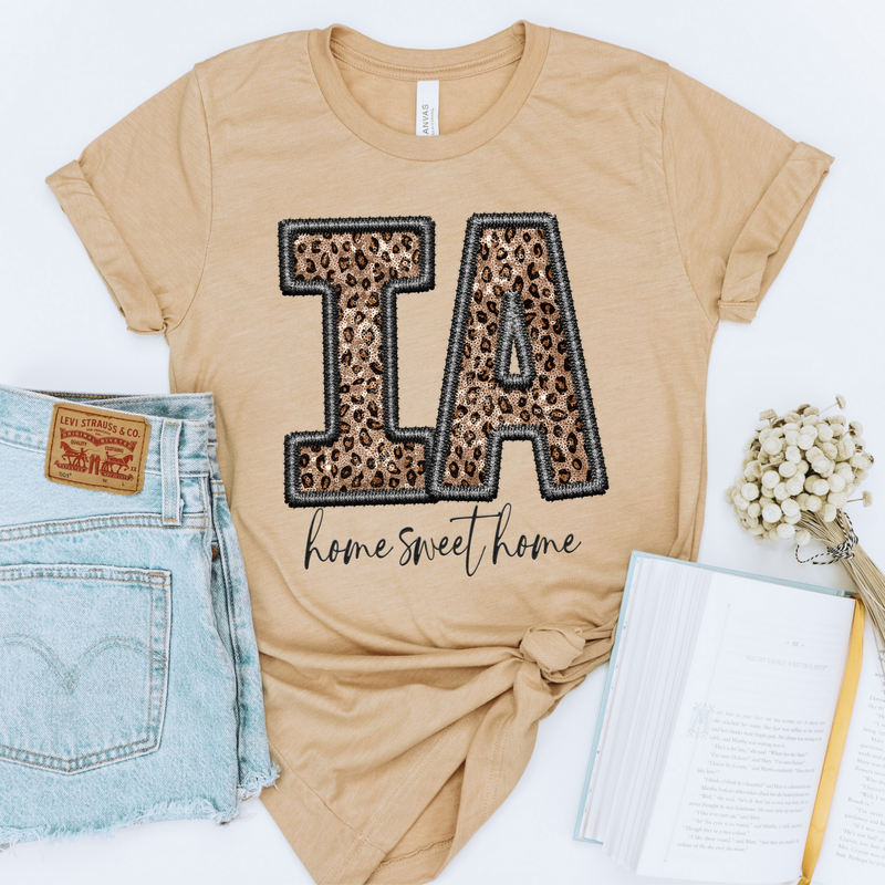 IA Iowa Faux Embroidery Leopard Sequin with separate Home Sweet Home Script in Black,  Digital Design, PNG