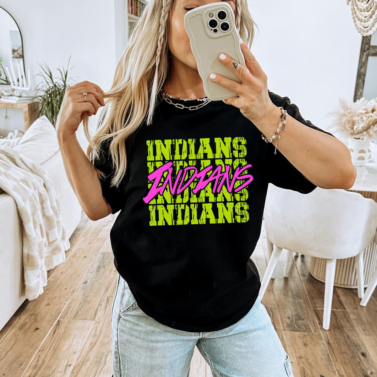 Indians Stacked Cutout Bright Yellow & Pink Digital Design, PNG