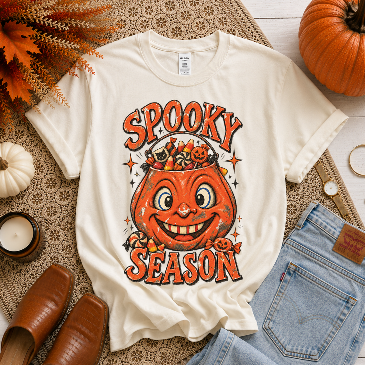 Spooky Season Vintage Pumpkin Bucket w/ Candy Sketch Digital Design, PNG