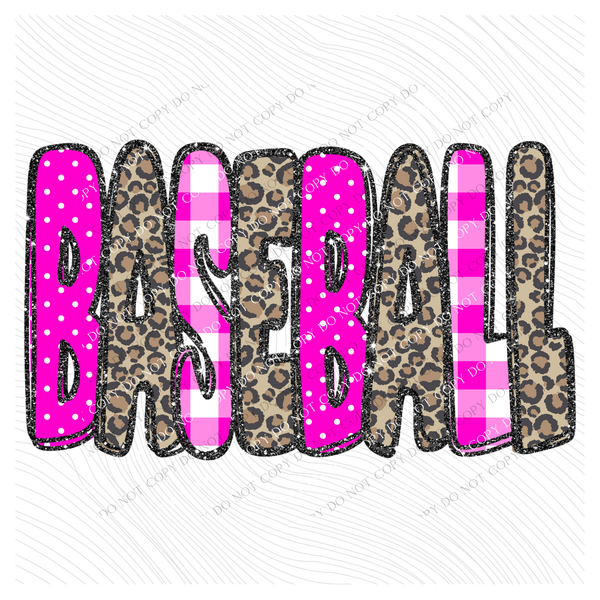 Baseball Leopard Glitter, Gingham & Dot in Bright Pink Digital Design, PNG