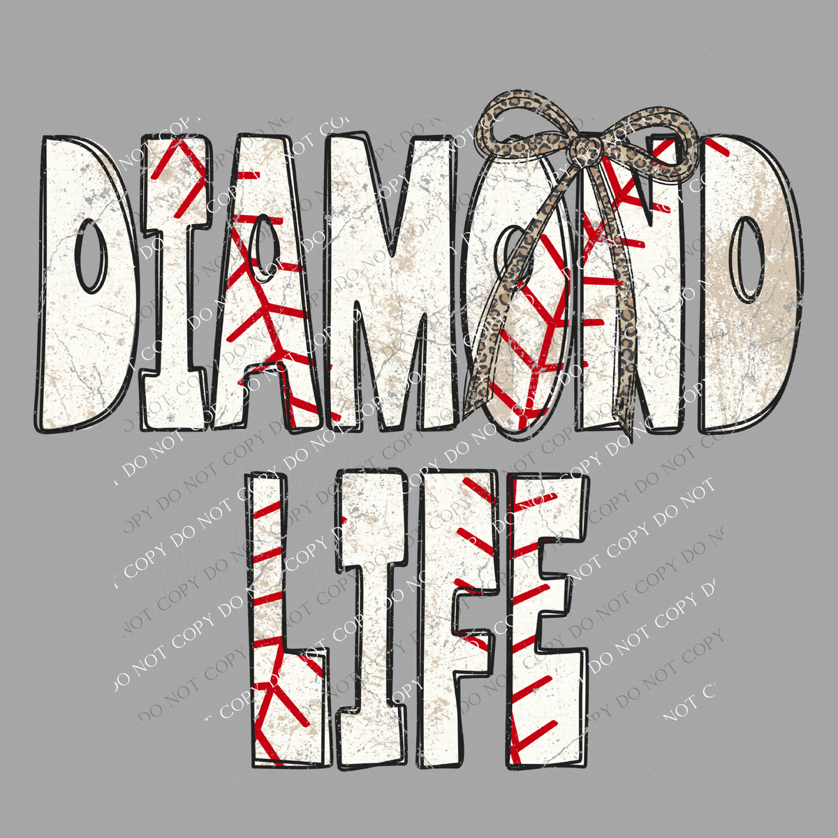 Diamond Life Baseball Stitch Leopard Bow Doodle Distressed Digital Design, PNG
