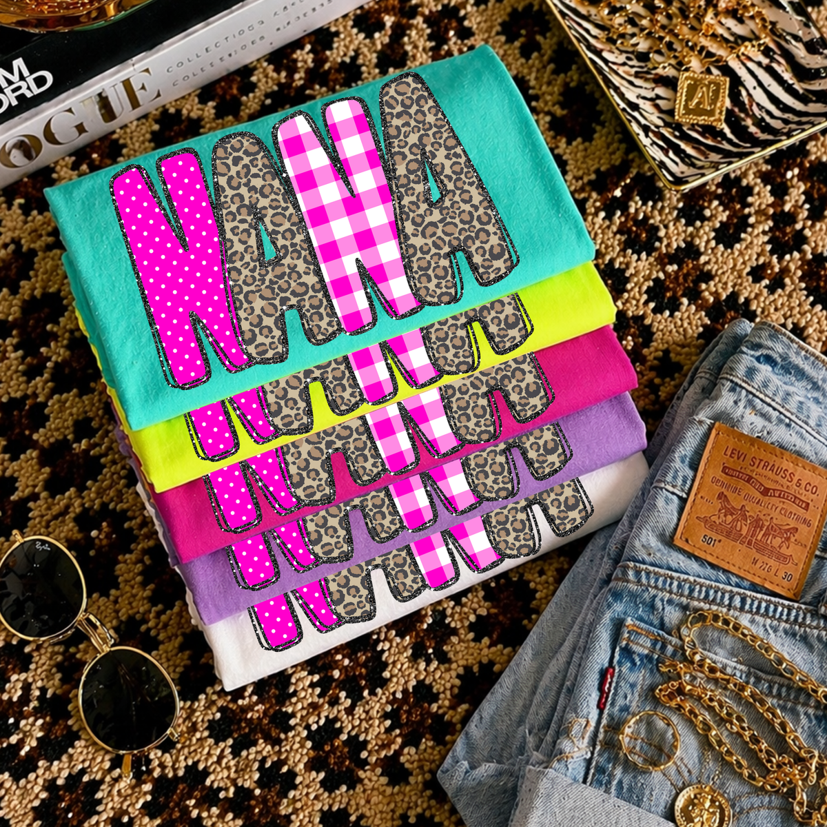 Nana Leopard Glitter, Gingham & Dot in Bright Pink Digital Design, PNG