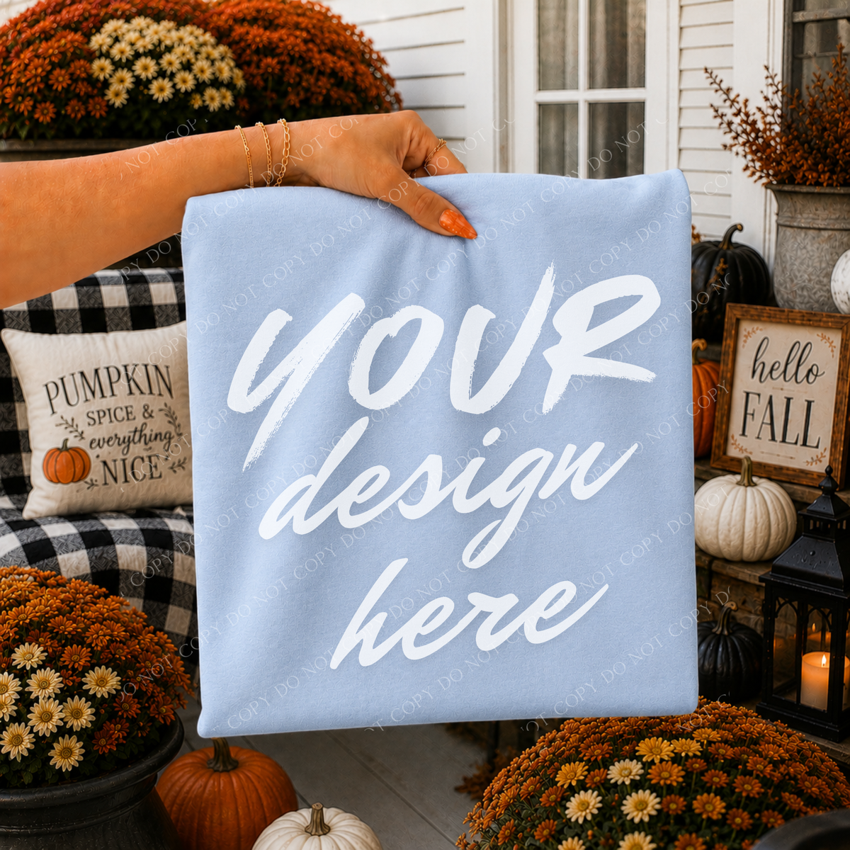 Fall Mums Porch Blank Sweatshirt Mockup, Gildan 18000 Light Blue