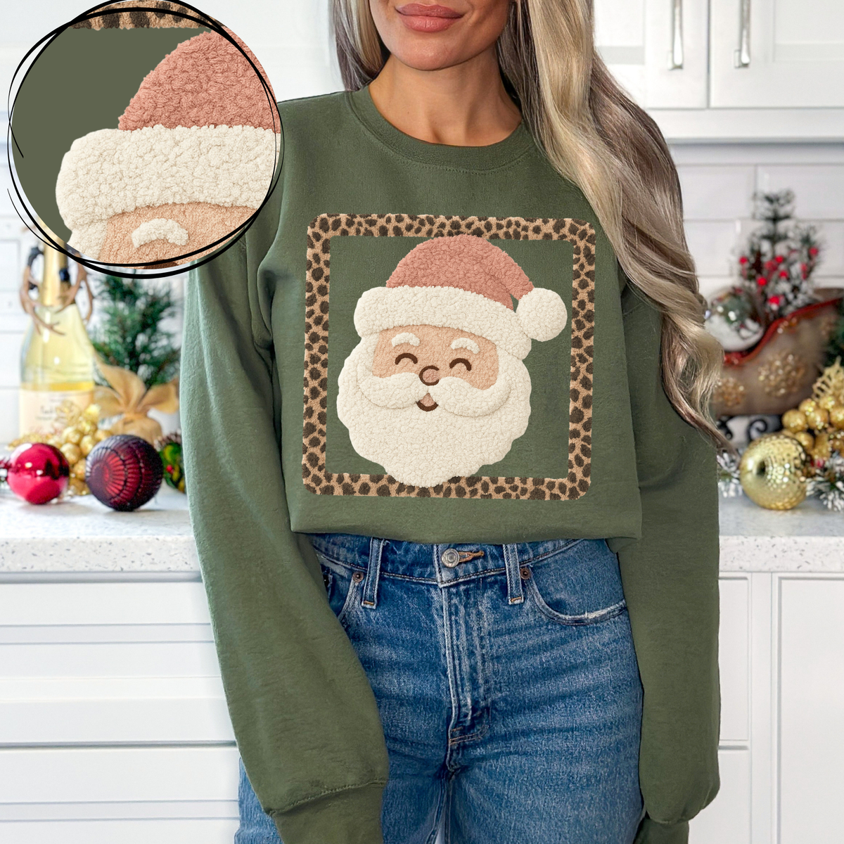 Santa 3D Leopard Square Chenille Patch Style Digital Download, PNG