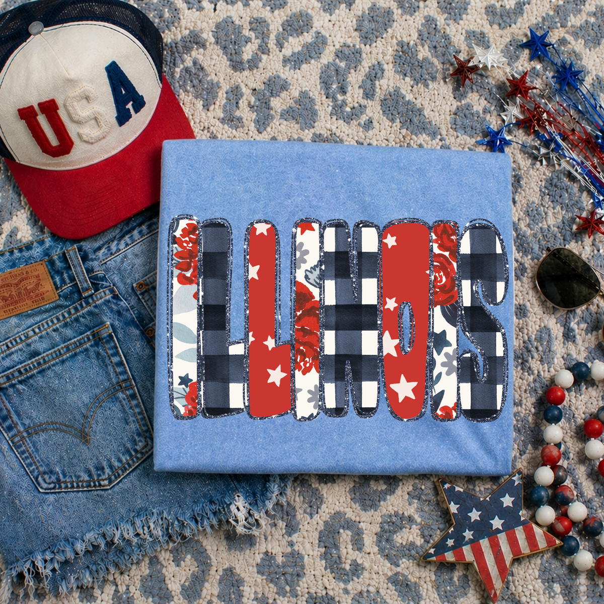 Illinois Glitter, Floral, Gingham & Stars Patriotic Digital Design, PNG