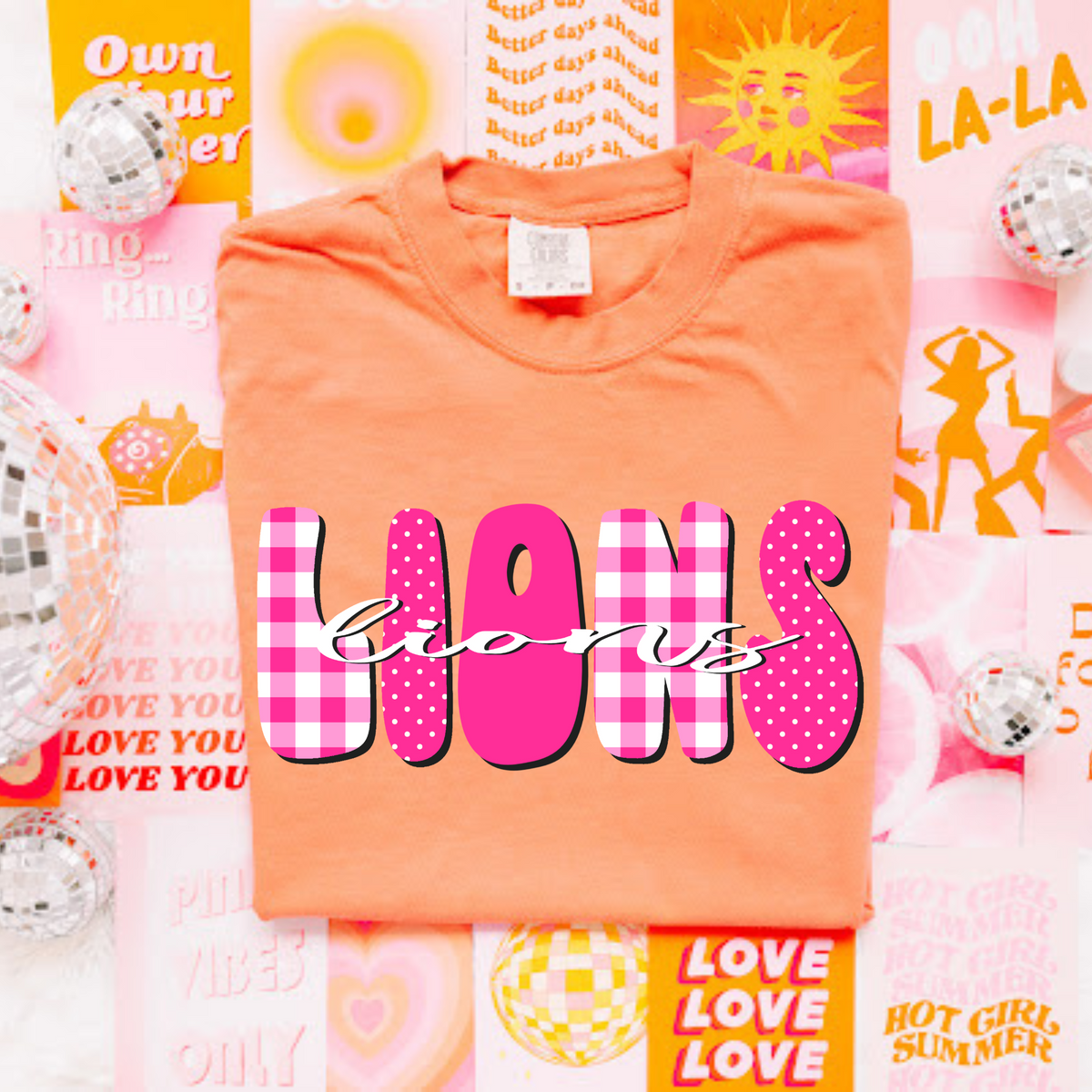 Lions Gingham Dots Groovy Script in Pink & White Digital Design, PNG