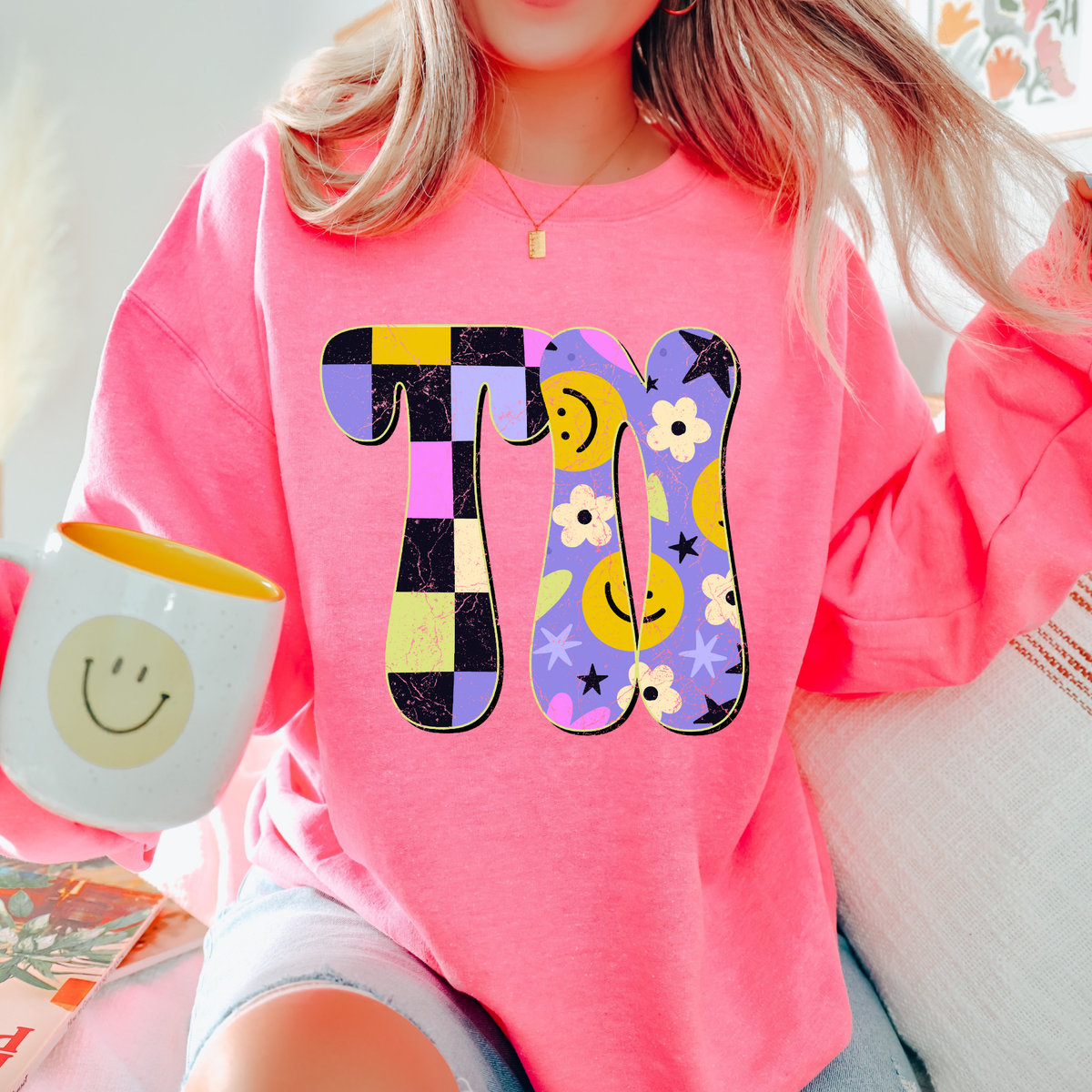 TN Tennessee Groovy Happy Neon Checkers Digital Design, PNG