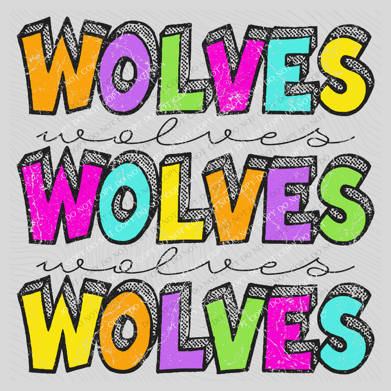 Wolves Bubble Dot Stacked Script Distressed in Neons Digital Design, PNG