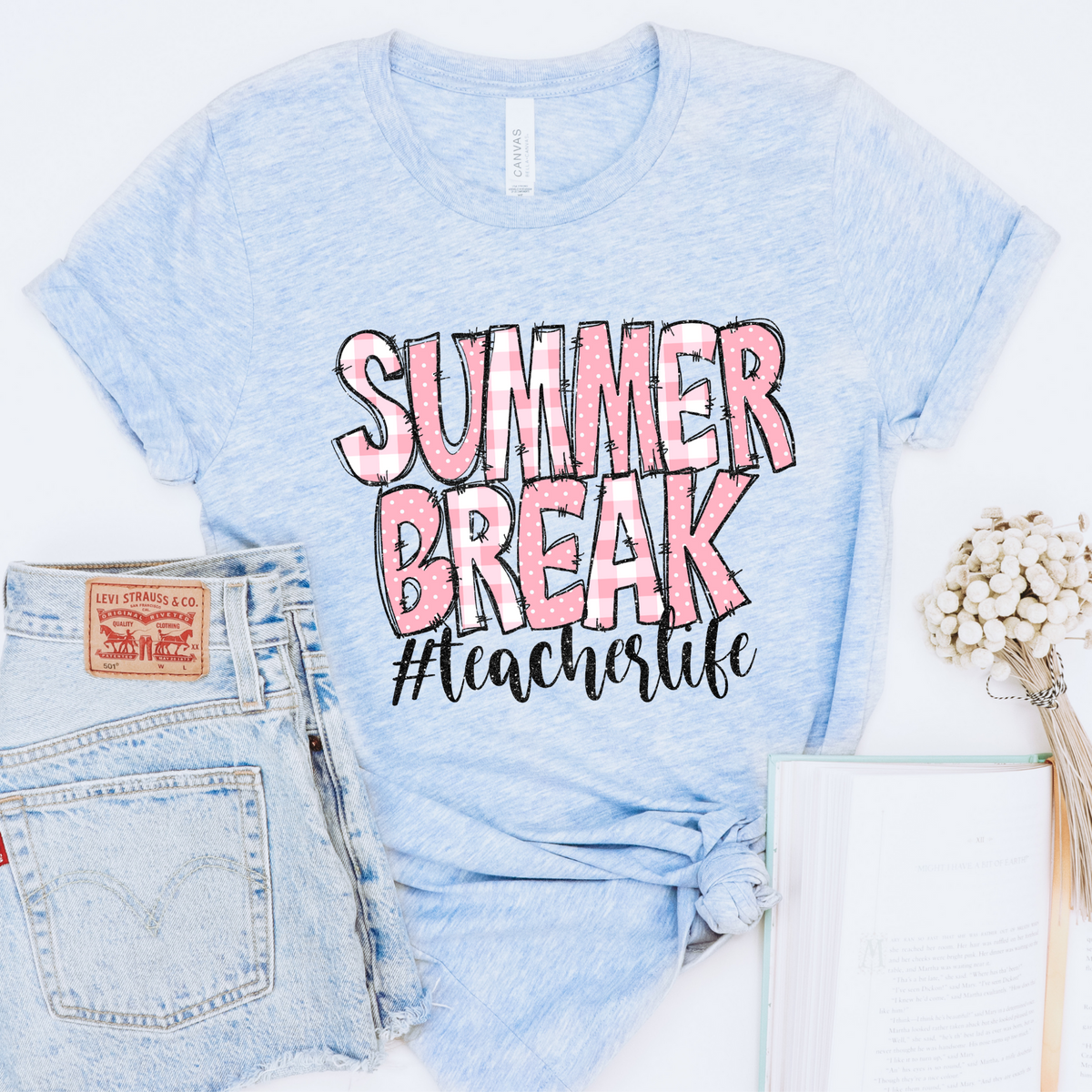 Summer Break #teacherlife Doodle Gingham, Dots & Glitter in Pink Digital Design, PNG