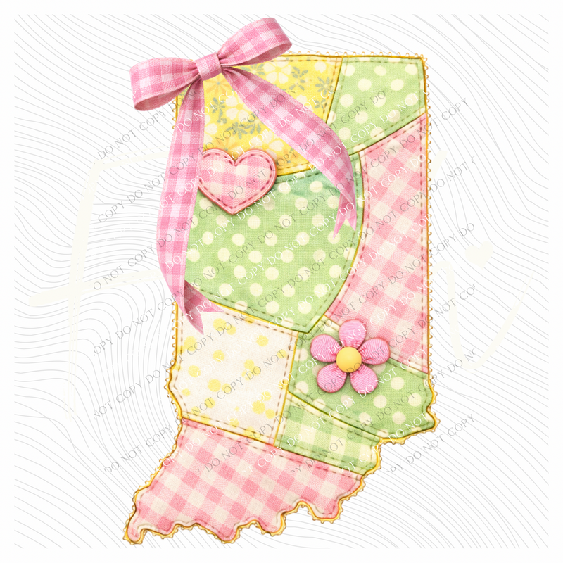 Indiana Spring Tones Quilted Faux State Patch with Bow Digital Design, PNG