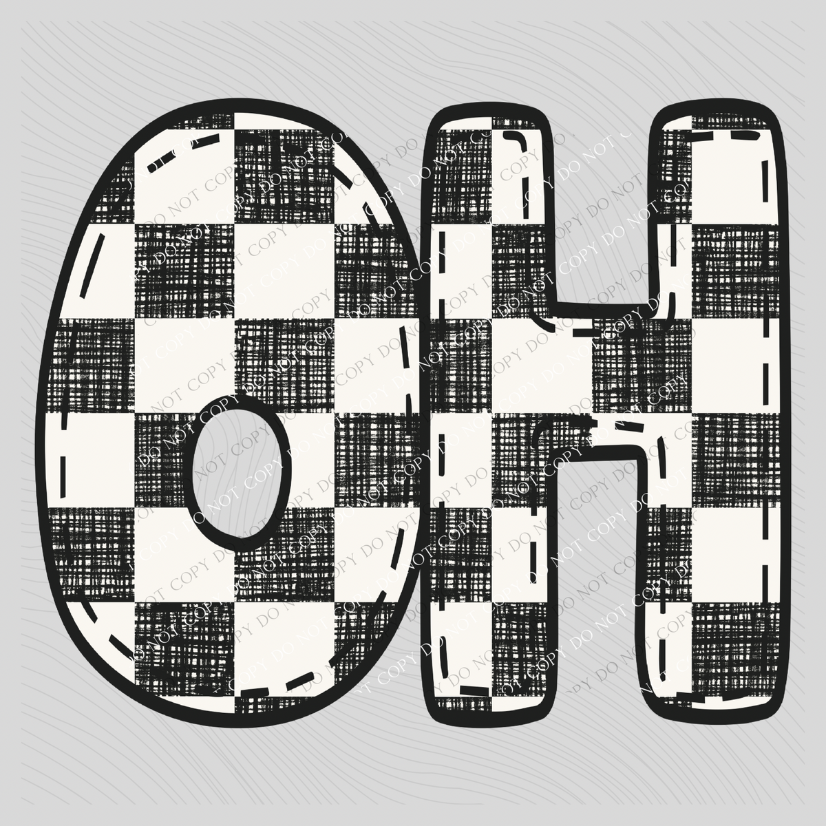 OH Ohio Bubble Stitch Distressed Checkers Black White Digital Design, PNG