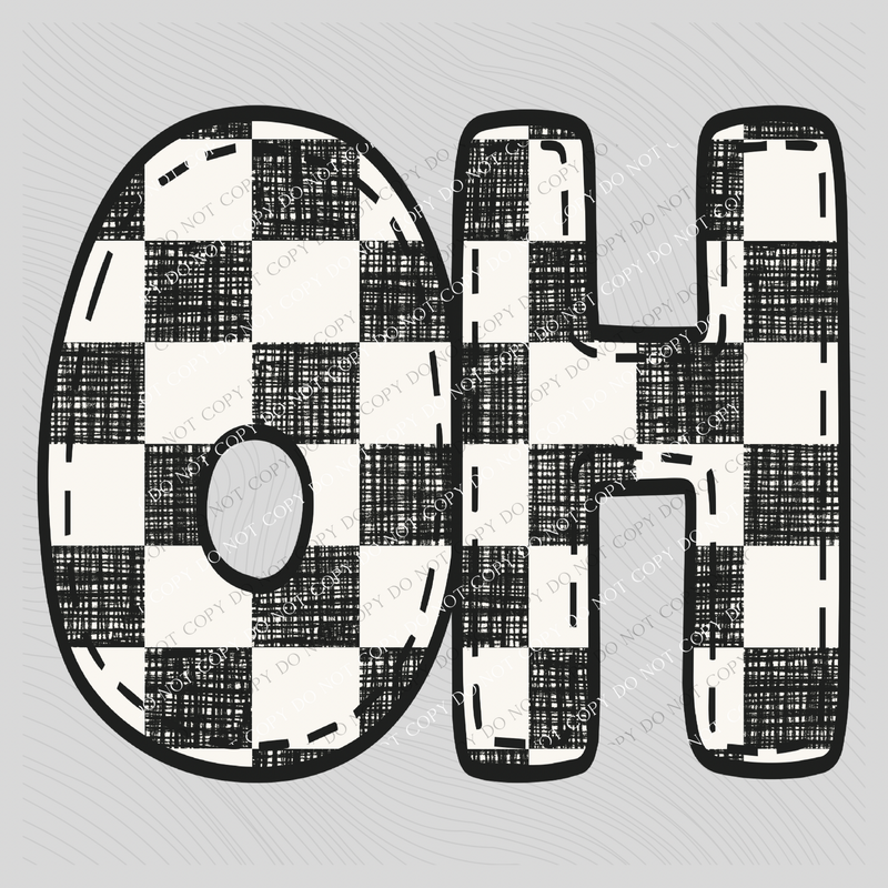 OH Ohio Bubble Stitch Distressed Checkers Black White Digital Design, PNG