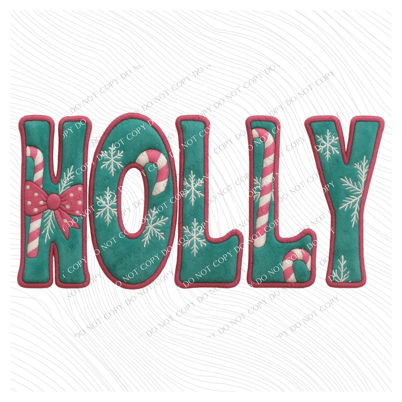 Holly Aqua & Pink 3D Embroidered Plush Christmas Digital Design, PNG