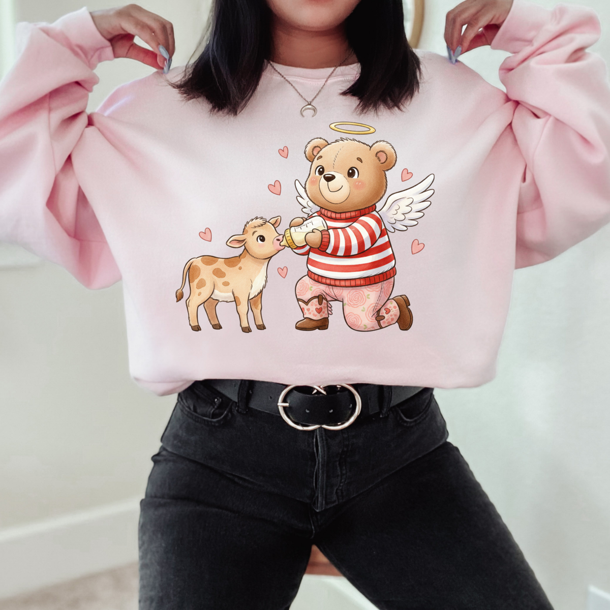 Baby Calf & Whimsy Bear Valentine’s Sketch Digital Design, PNG