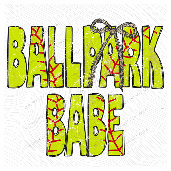 Ballpark Babe Softball Stitch Leopard Bow Doodle Distressed Digital Design, PNG