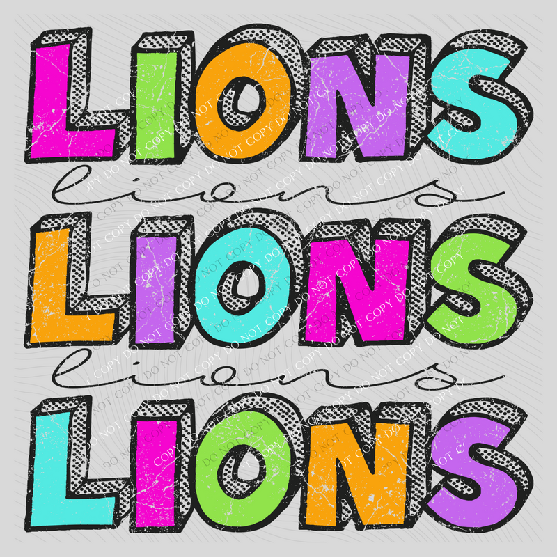 Lions Bubble Dot Stacked Script Distressed in Neons Digital Design, PNG