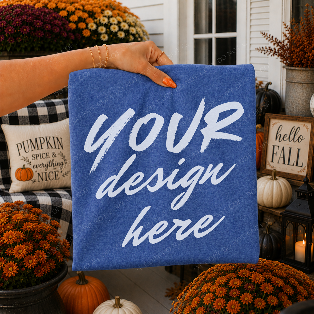 Fall Mums Porch Blank Sweatshirt Mockup, Gildan 18000 Heather Deep Royal