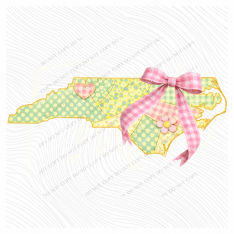 North Carolina Spring Tones Quilted Faux State Patch with Bow Digital Design, PNG