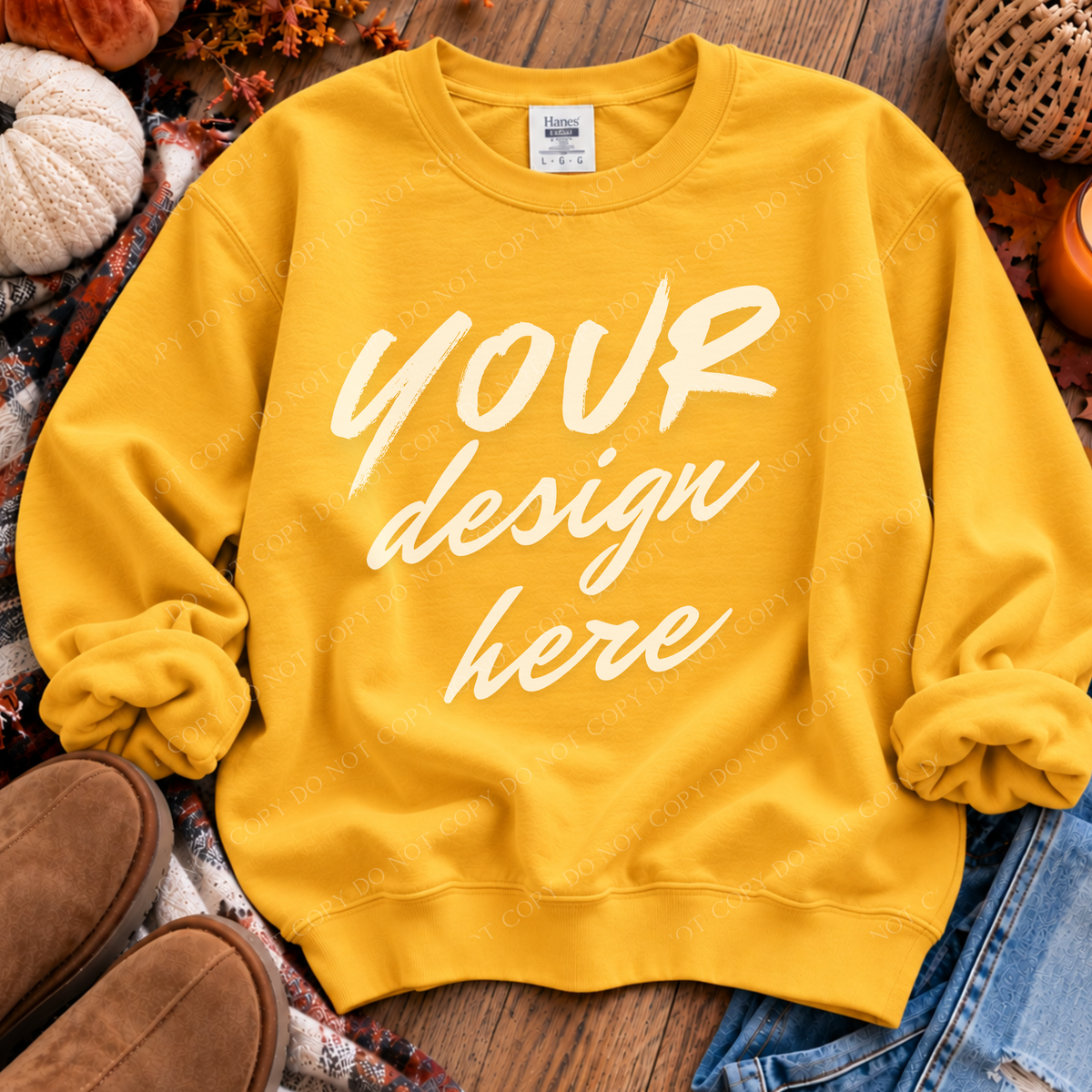 Fall Sweatshirt Flatlay Mockup, Hanes 1607 Gold