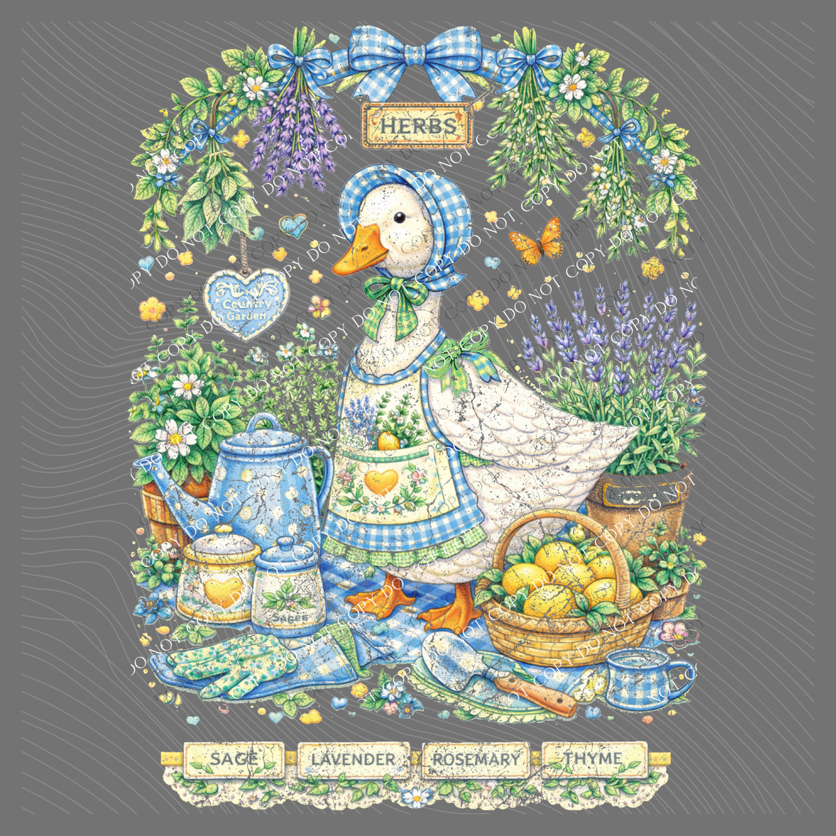 Herbs Gingham Goose Distressed Digital Design, PNG