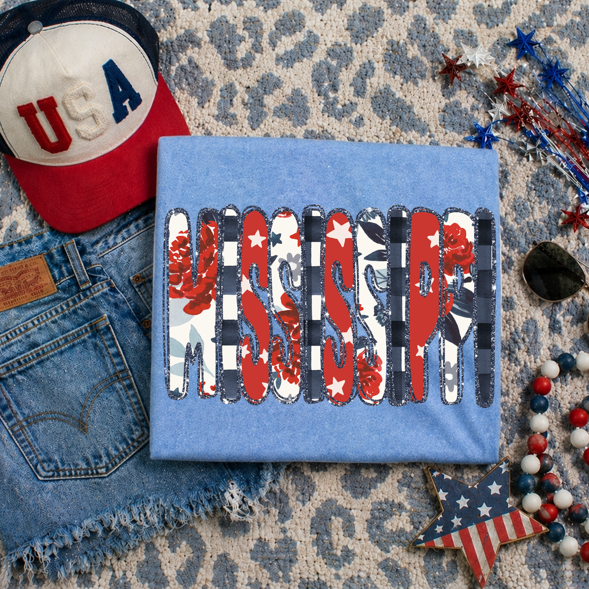 Mississippi Glitter, Floral, Gingham & Stars Patriotic Digital Design, PNG