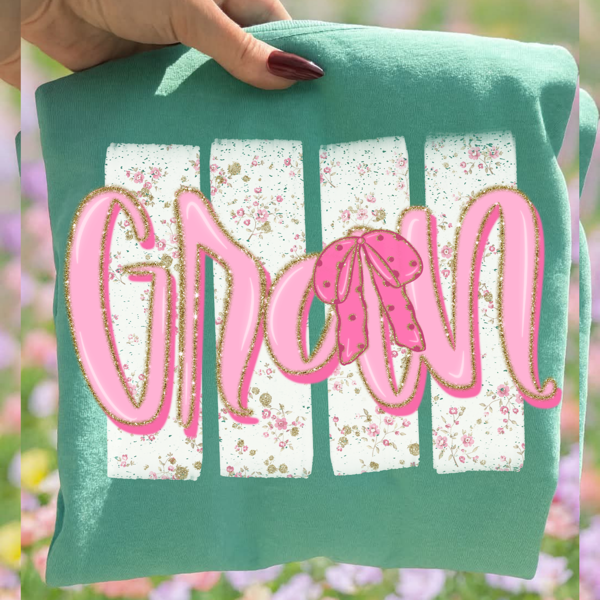 Gran Floral Distressed Stripes, Glitter & Bow Coquette Digital Design, PNG
