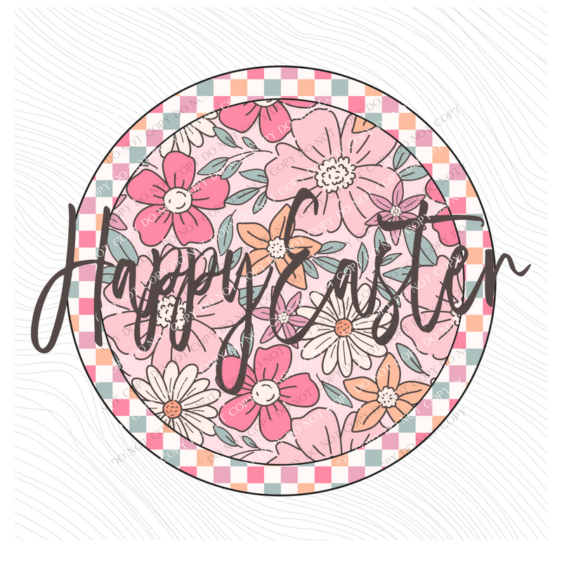 Happy Easter Checkered Floral Script Circle in Summery Colors Digital Design, PNG