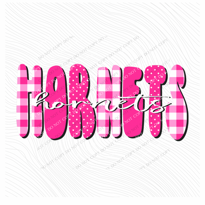 Hornets Gingham Dots Groovy Script in Pink & White Digital Design, PNG