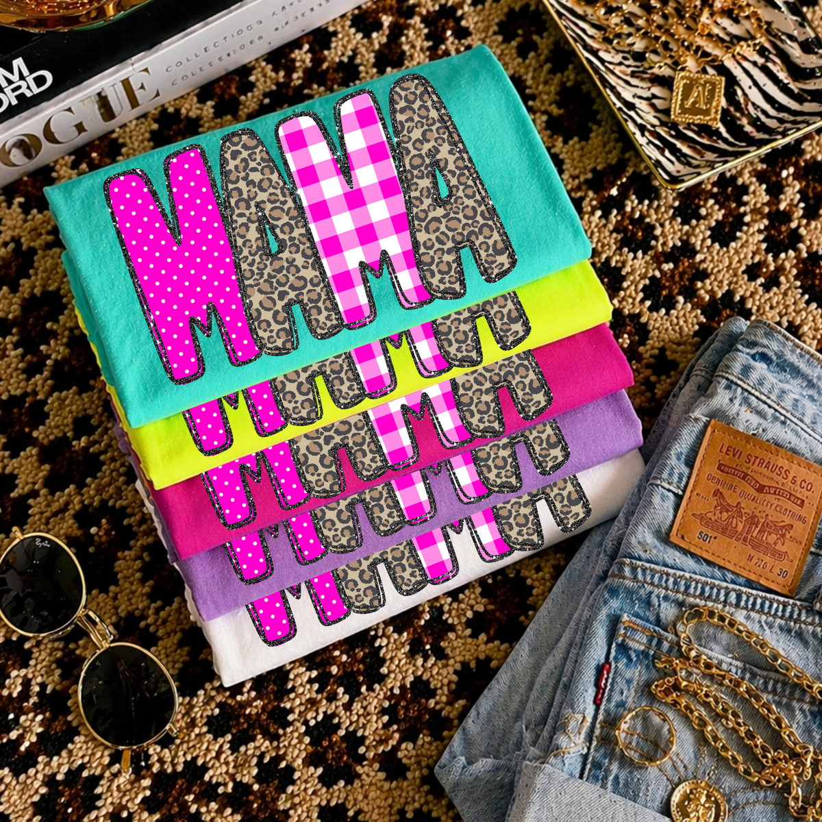 Mama Leopard Glitter, Gingham & Dot in Bright Pink Digital Design, PNG