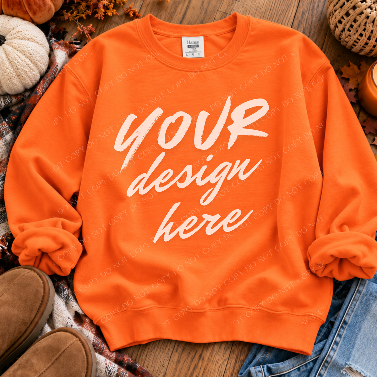 Fall Sweatshirt Flatlay Mockup, Hanes 1607 Safety Orange