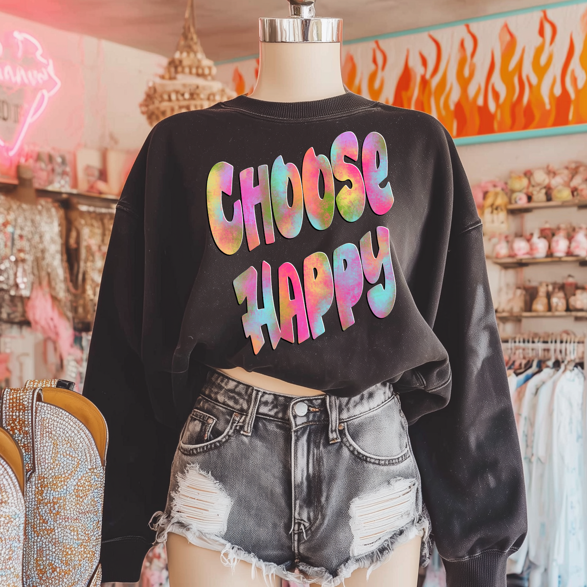 Choose Happy Retro Shadow Water Colors Digital Design, PNG