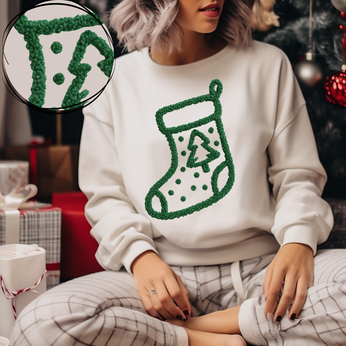 Stocking Green Chenille Style Outline Digital Download, PNG